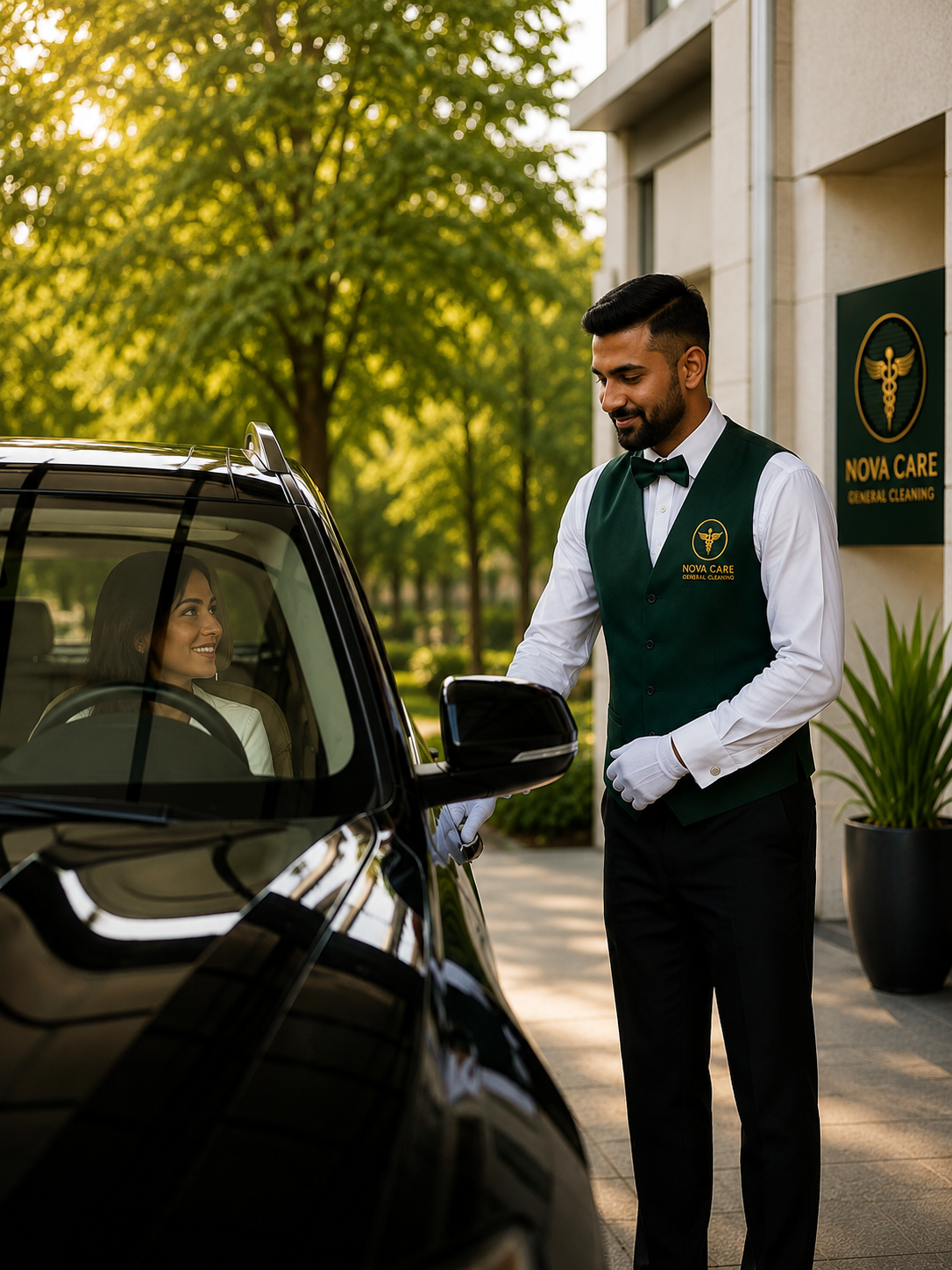 Valet attendant assisting guest with vehicle collection